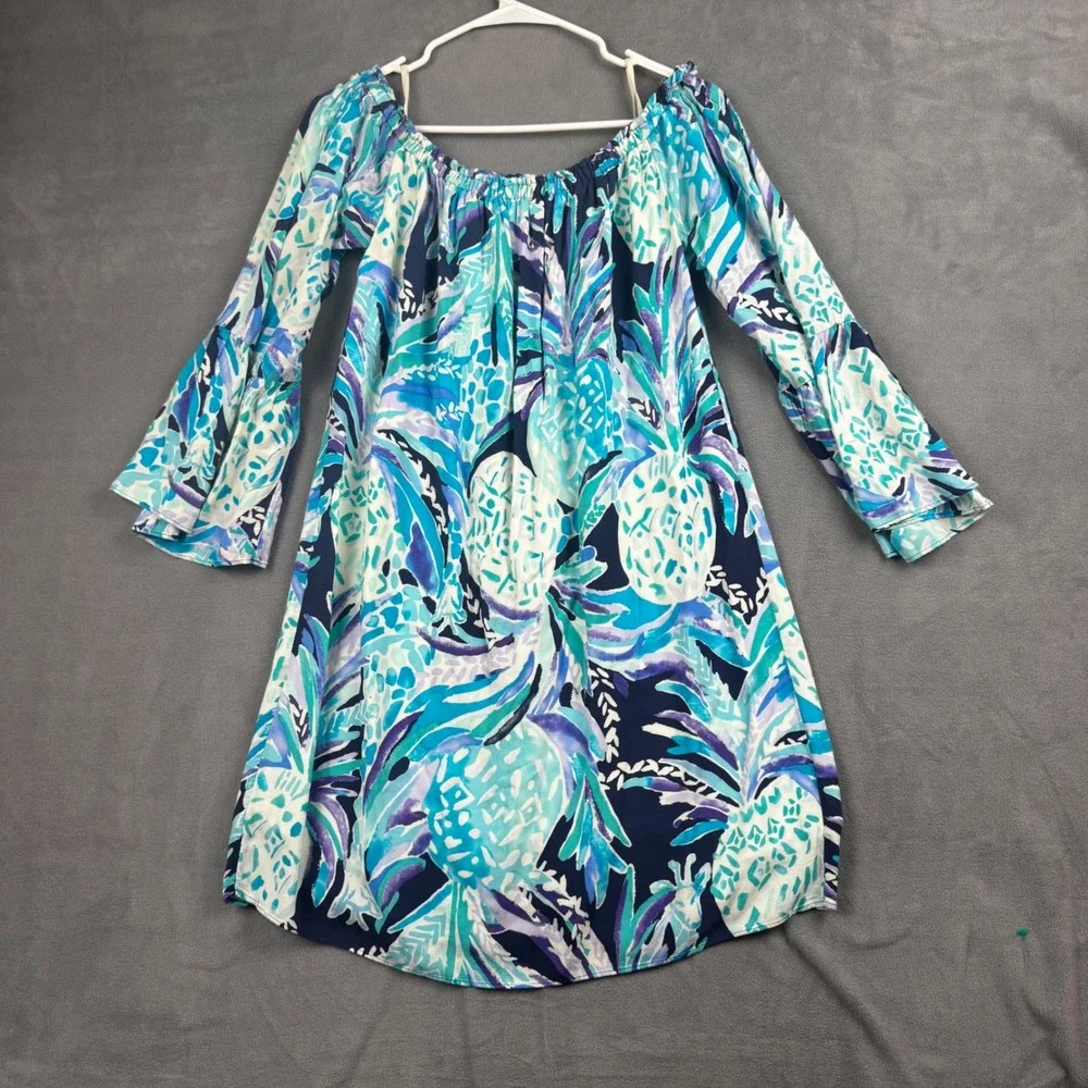 Lilly Pulitzer Blue Purple Pineapple Off Shoulder Bell Sleeve Rayon Dress M - Picture 2 of 10